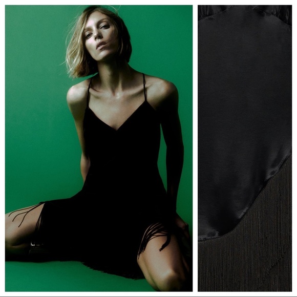 NWT. Zara Black Fringed Slip Casual Mini Dress. Size L. - Picture 3 of 10